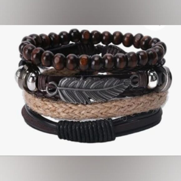 Men's leather bracelets set stacked layered beaded feather braided brown new e29 - Picture 1 of 1